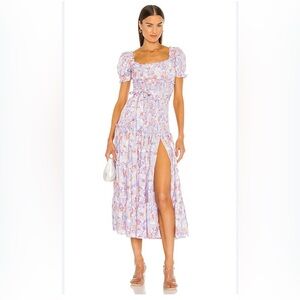 NEW Likely Floral Revolve Tiered Purple smocked Belted Puff Sleeve Maxi Dress